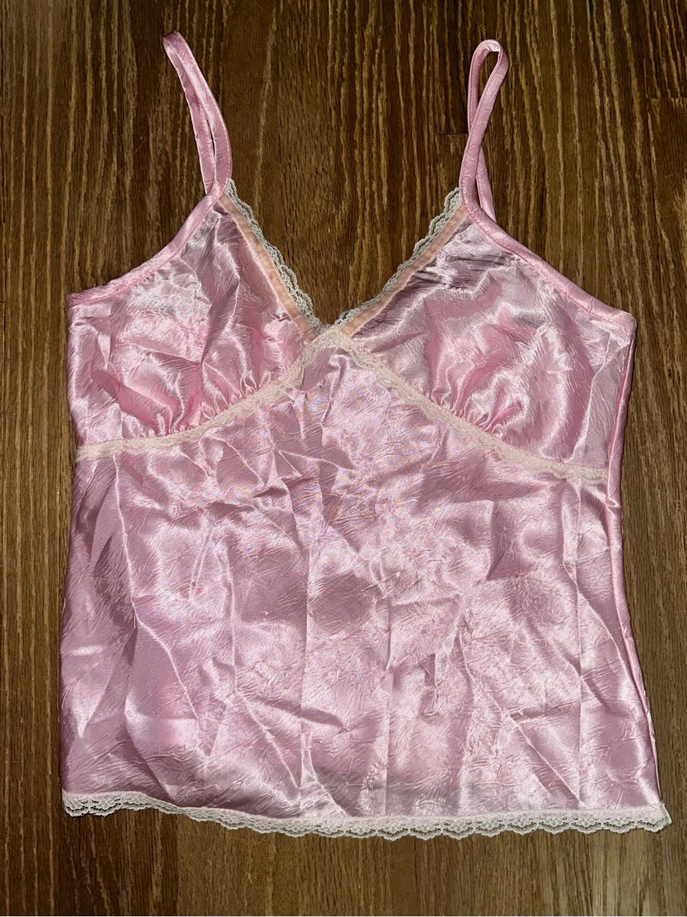 Y2K Vintage Garage Pink Satin Cami with Lace Trim Ballerina Coquette style
